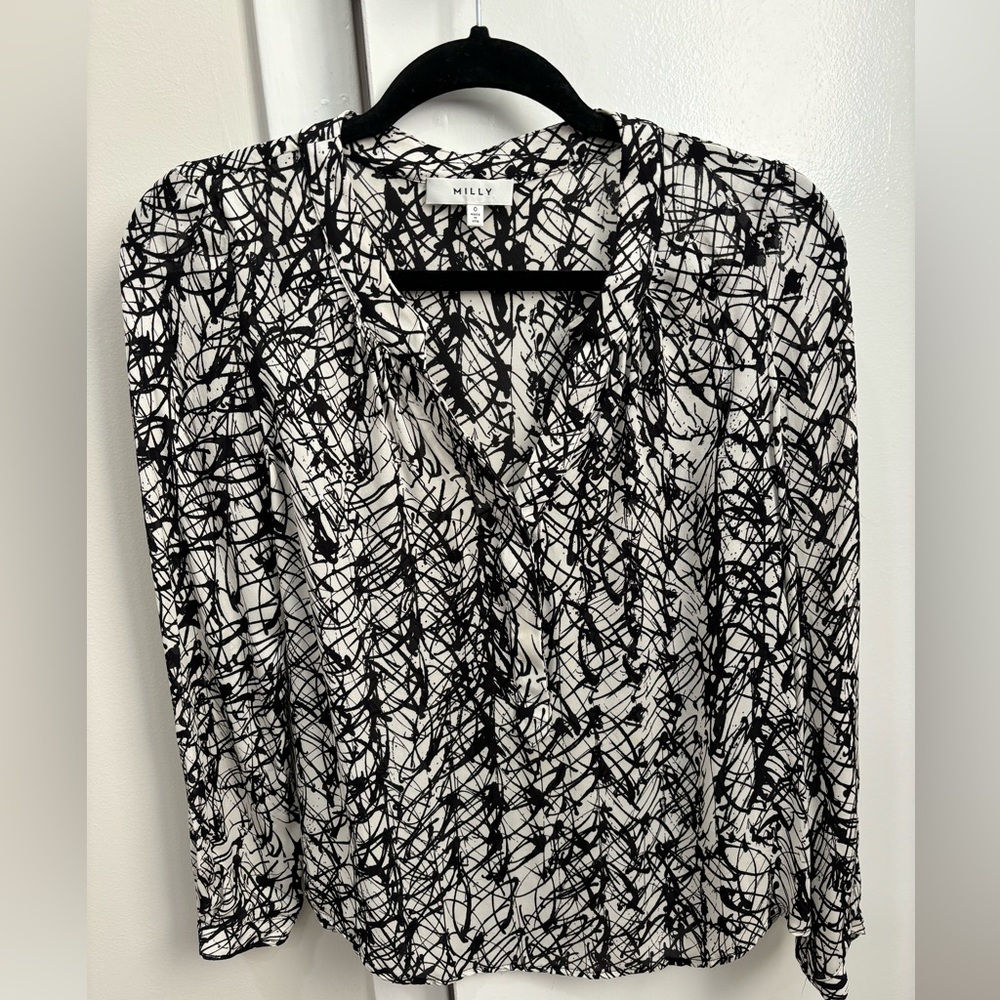 Milly silk white and black button down shirt